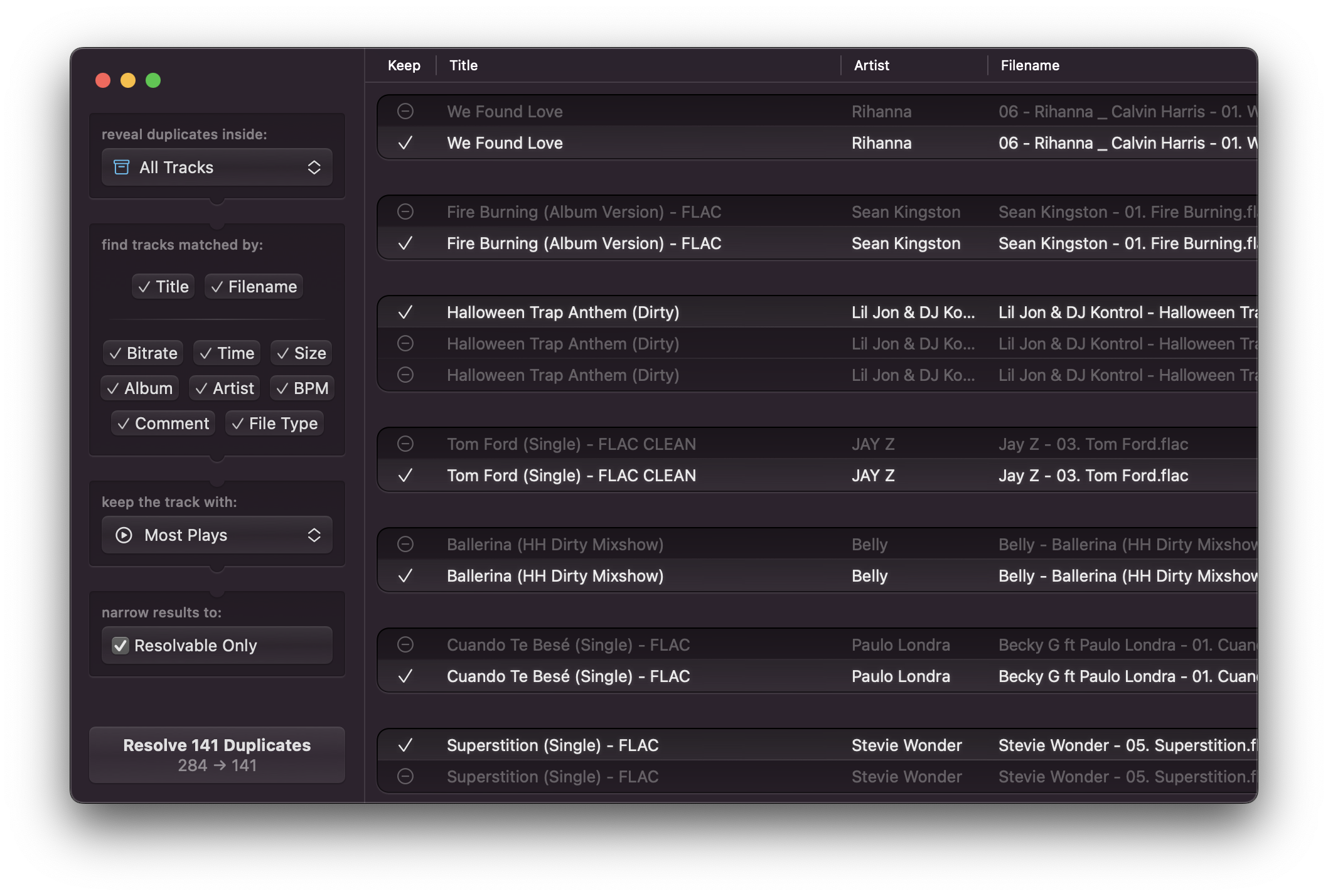 Dupes app showing duplicate tracks found in a Serato DJ library with match criteria and resolve options